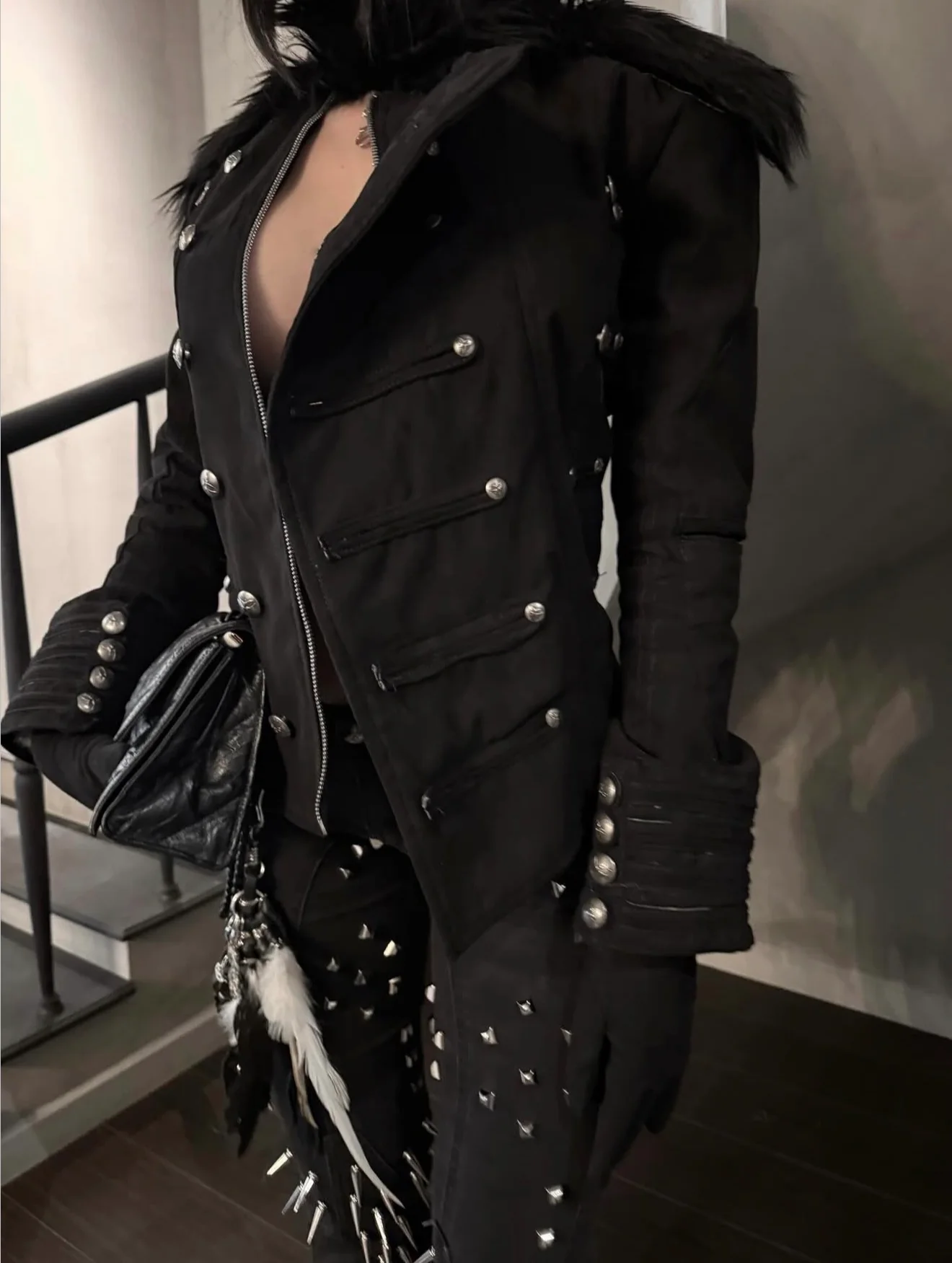 SL Black Fur Leather Jacket - Image 4