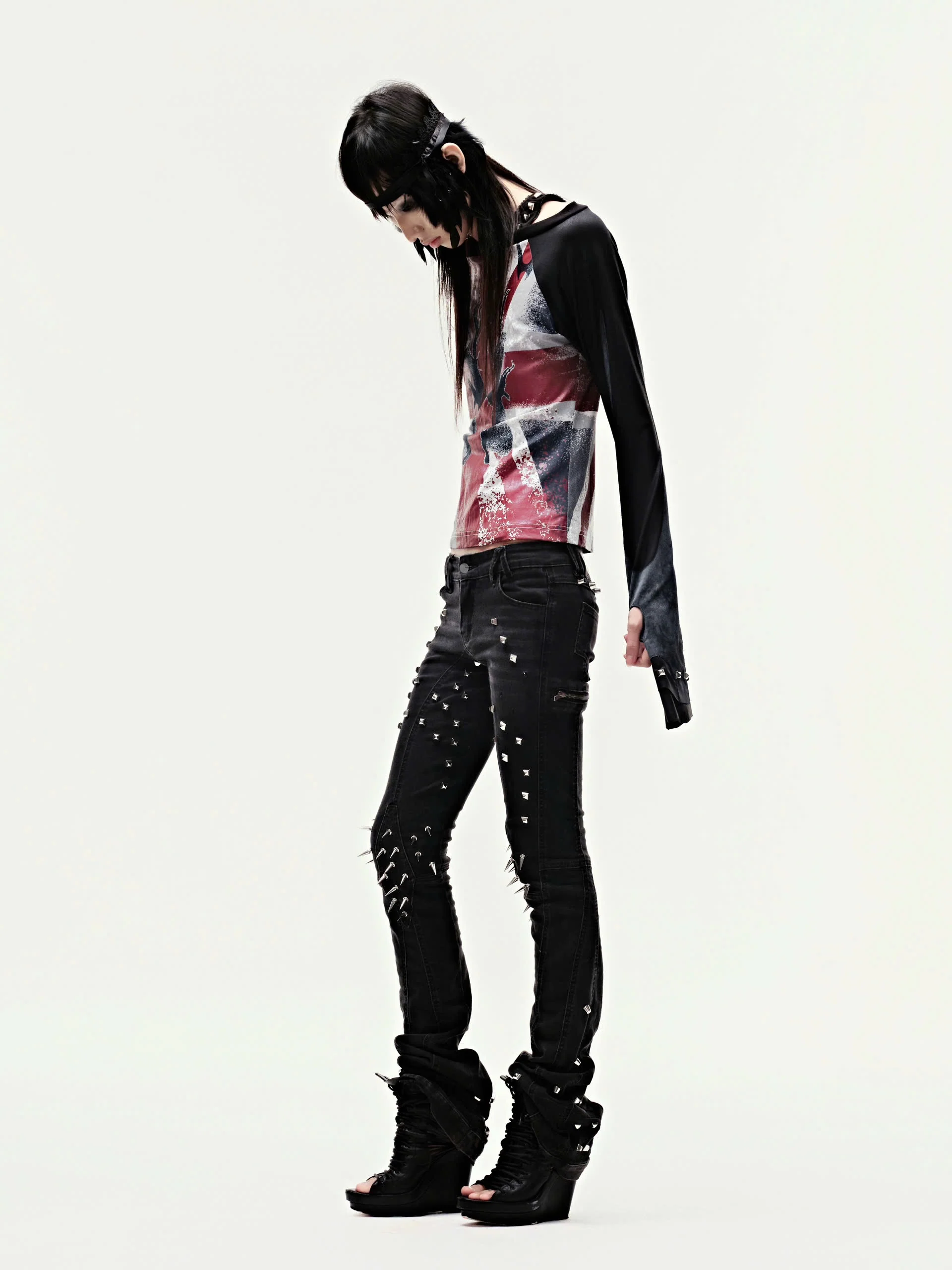 CZ SPIKE STUDDED SKINNY BLACK JEANS - Image 5