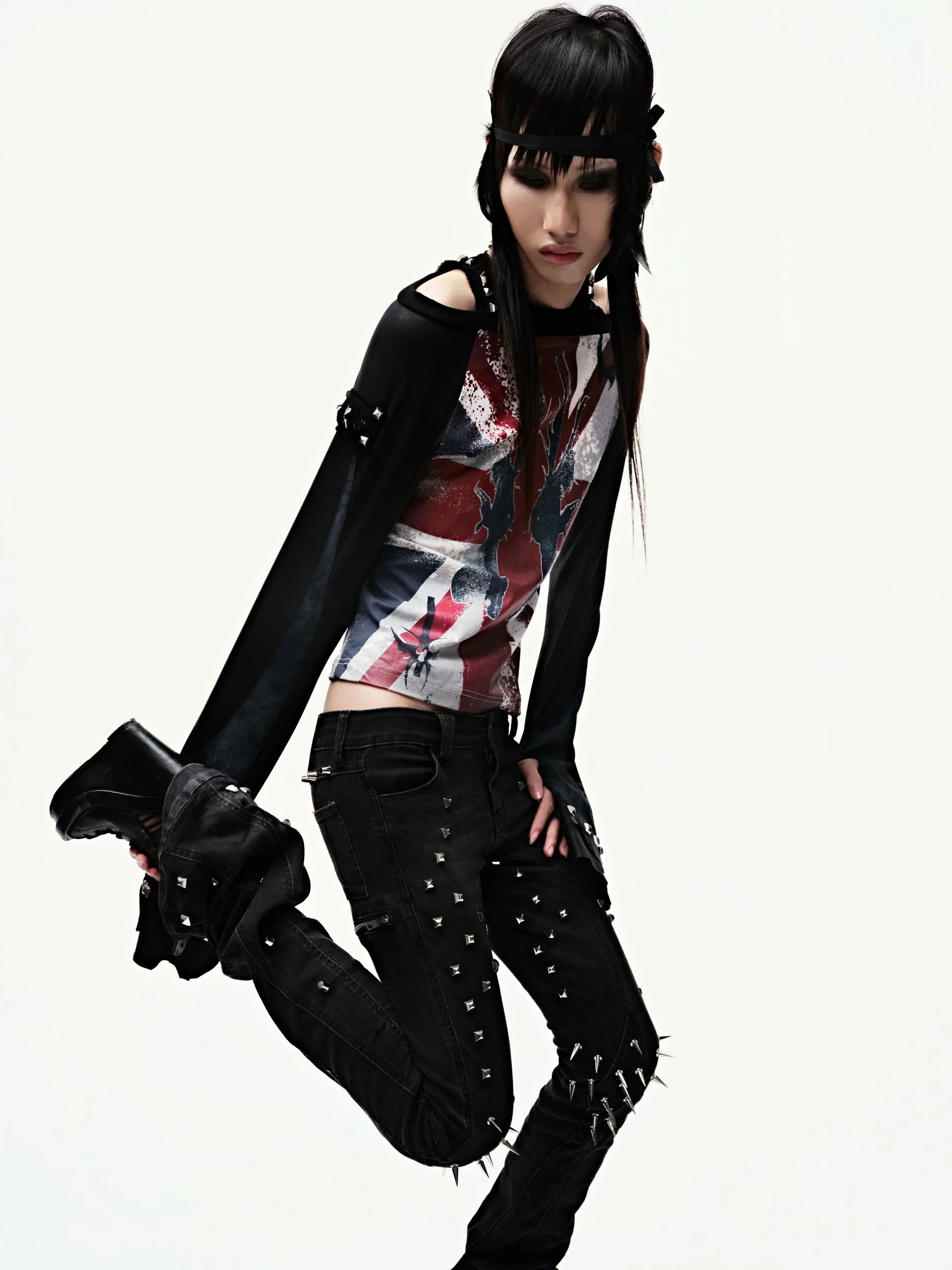 CZ SPIKE STUDDED SKINNY BLACK JEANS - Image 6